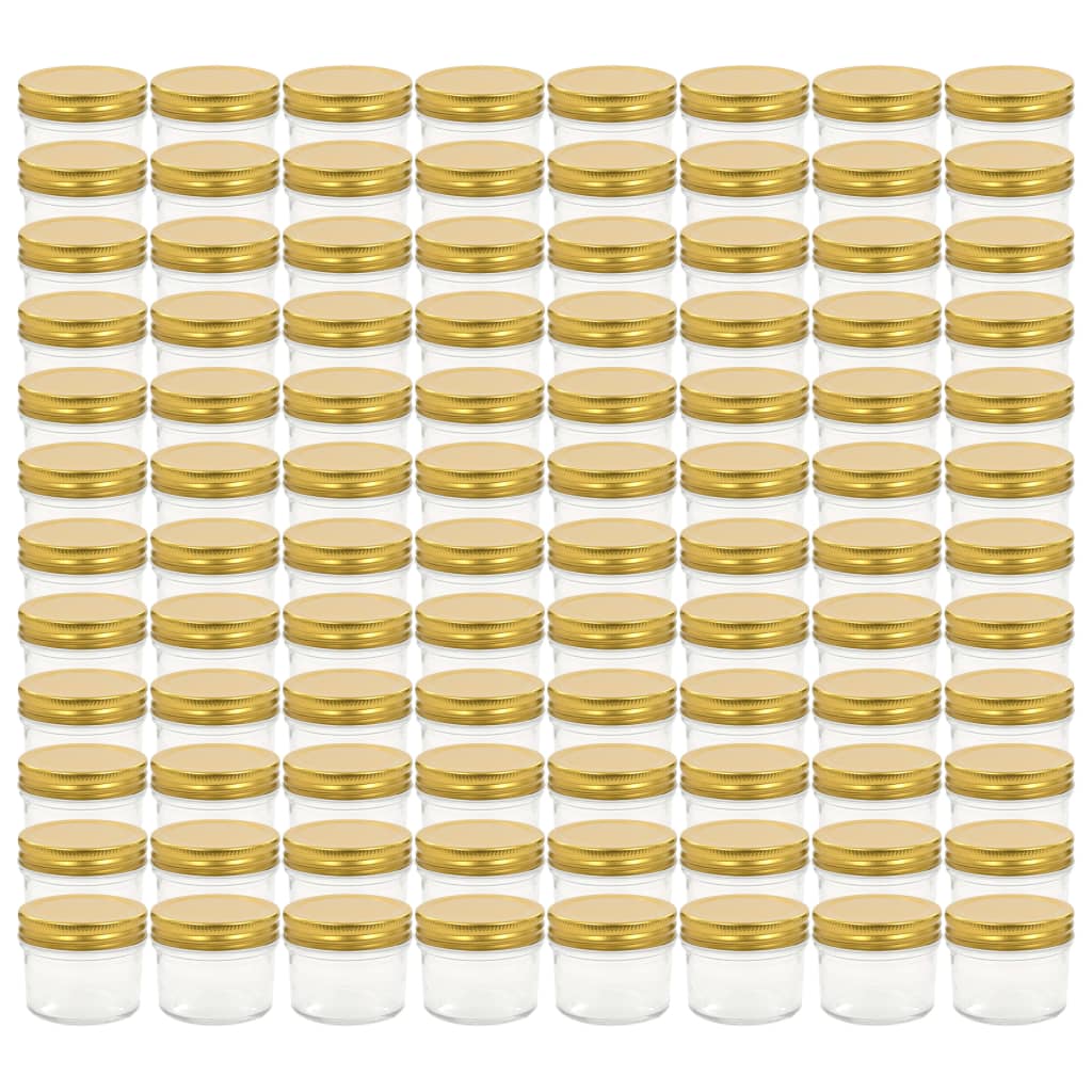 vidaXL Stekleni kozarci z zlatimi pokrovi 96 kosov 110 ml