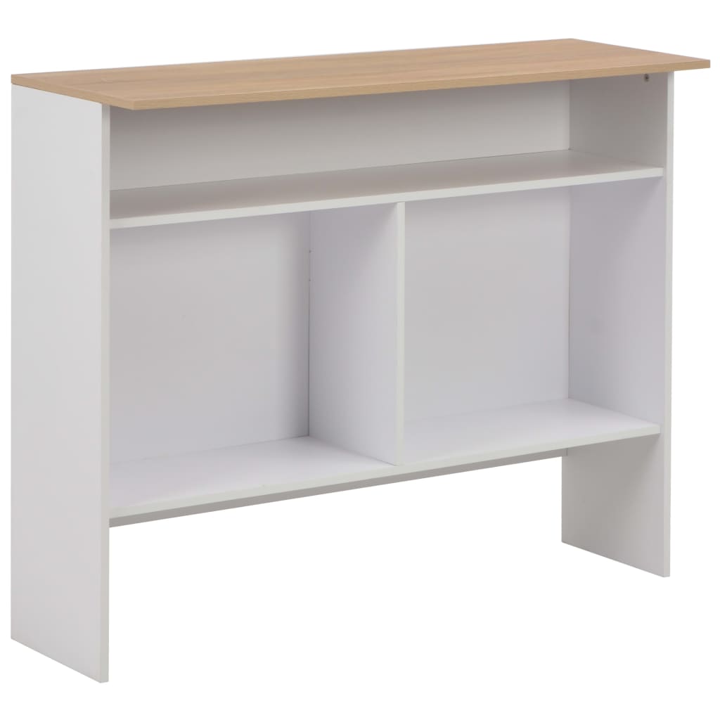 vidaXL Barska miza z 2 površinama bela in barva hrasta 130x40x120 cm