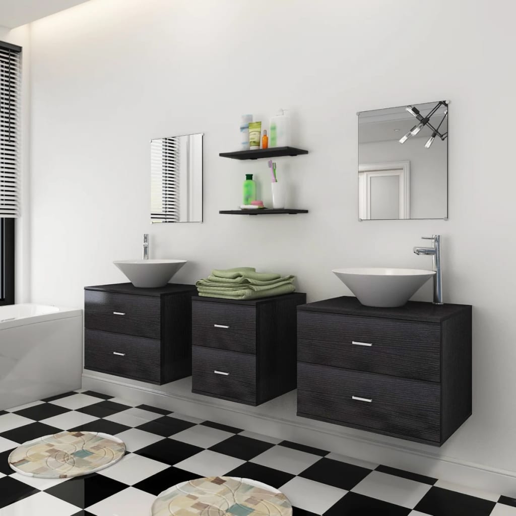 vidaXL Komplet kopalniškega pohištva 9-delni z umivalnikom in pipo črn