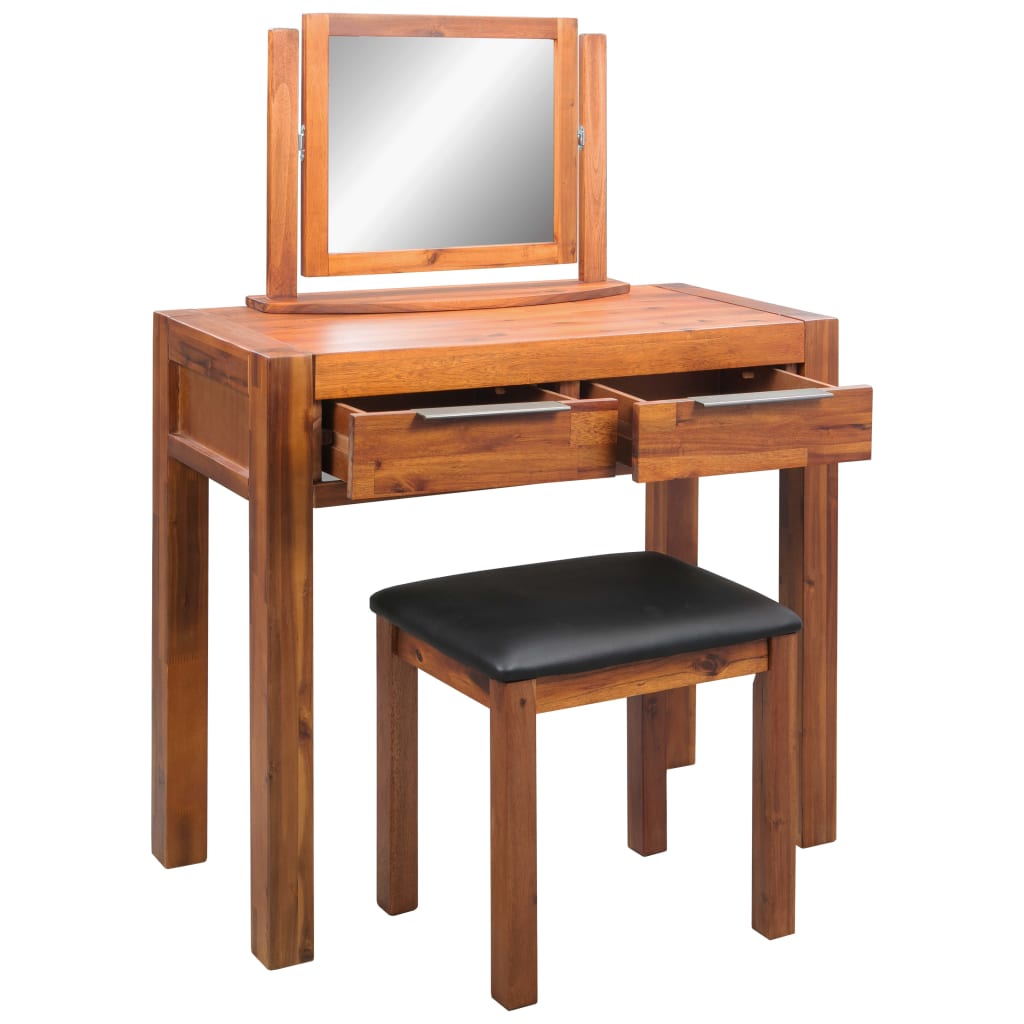 vidaXL Toaletna miza s stolčkom in ogledalom trden akacijev les