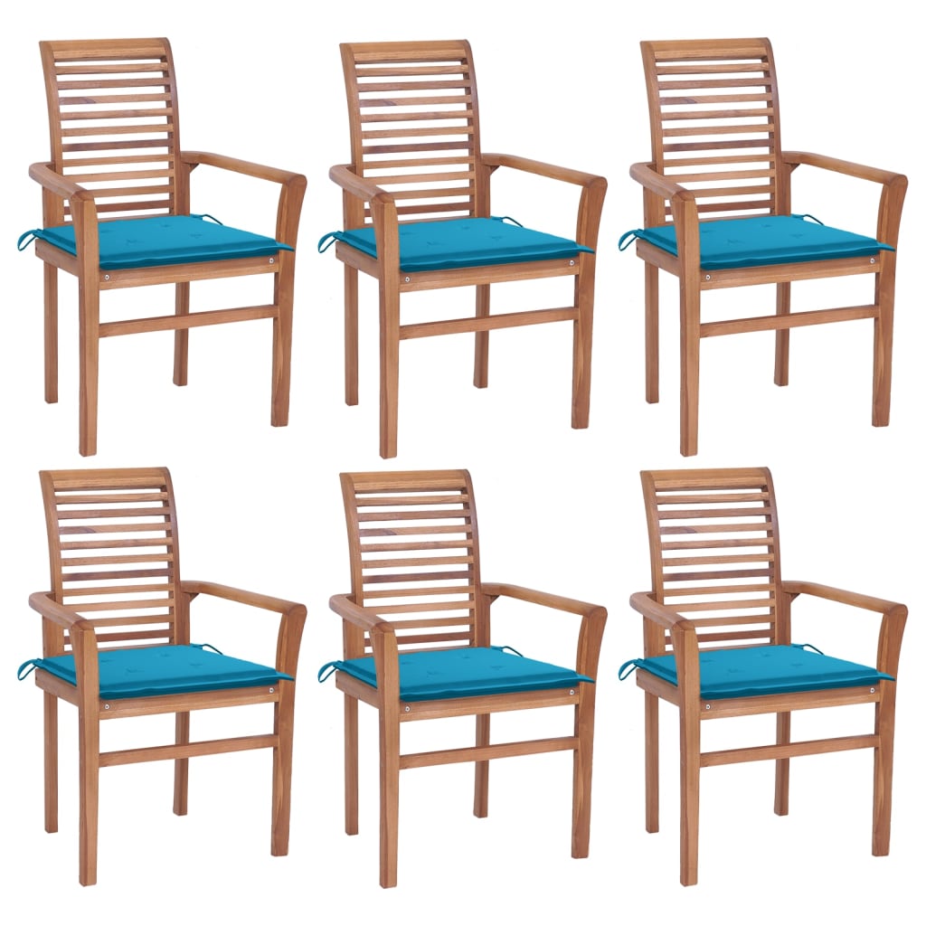 vidaXL Jedilni stoli 6 kosov z modrimi blazinami trdna tikovina