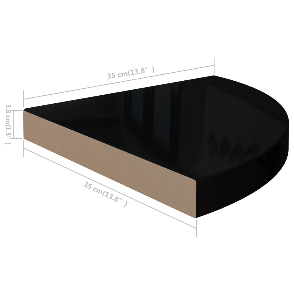 vidaXL Kotna polica visok sijaj črna 35x35x3,8 cm MDF