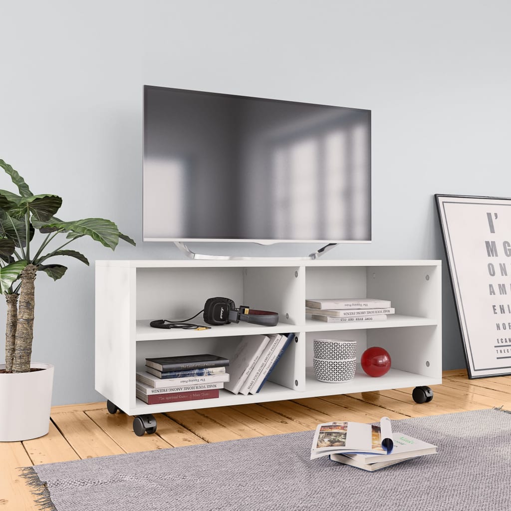 vidaXL TV omarica s kolesci bela 90x35x35 cm iverna plošča