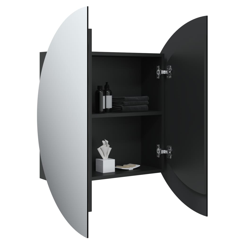 vidaXL Kopalniška omarica z okroglim ogledalom LED Črna 54x54x17,5 cm