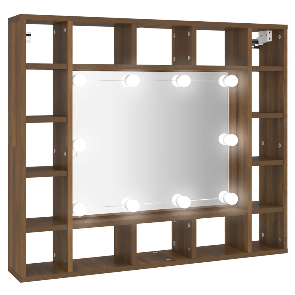 vidaXL Omarica z ogledalom in LED lučkami rjavi hrast 91x15x76,5 cm