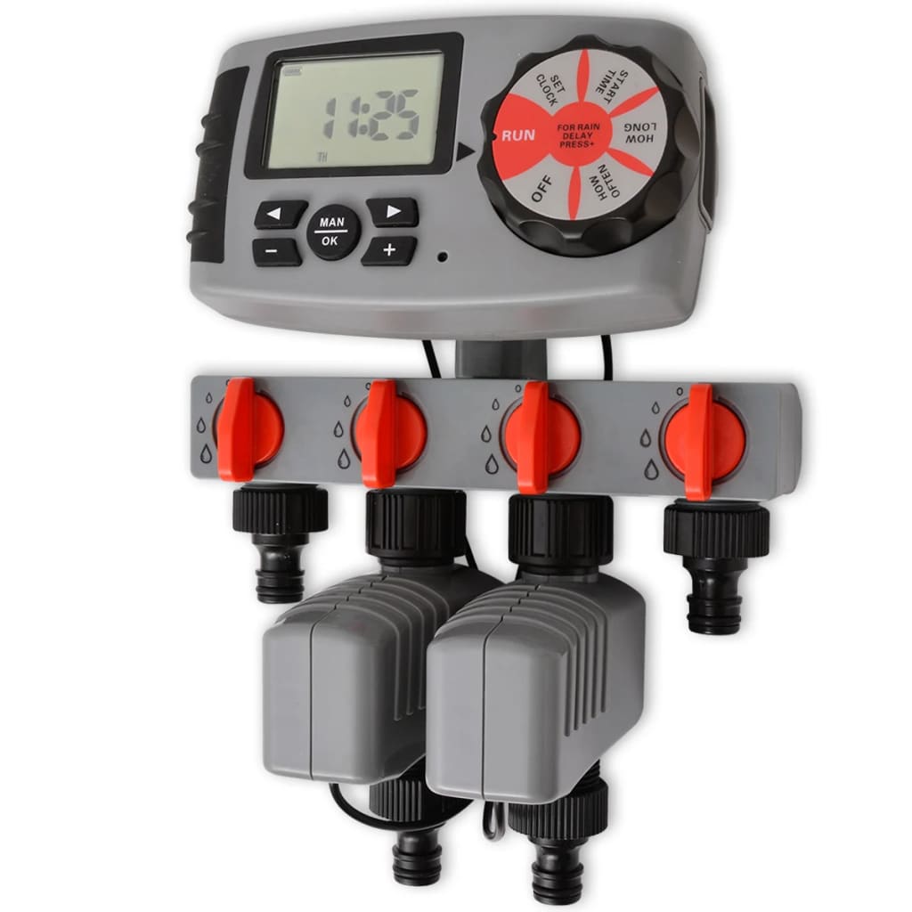 vidaXL Avtomatski časovnik za zalivanje 4 postaje in senzor vlage 3 V