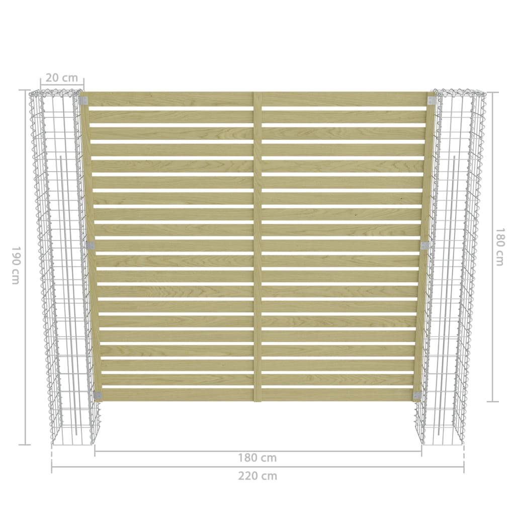 vidaXL Vrtni ograjni panel z gabionskimi stebri borovina 180x180 cm