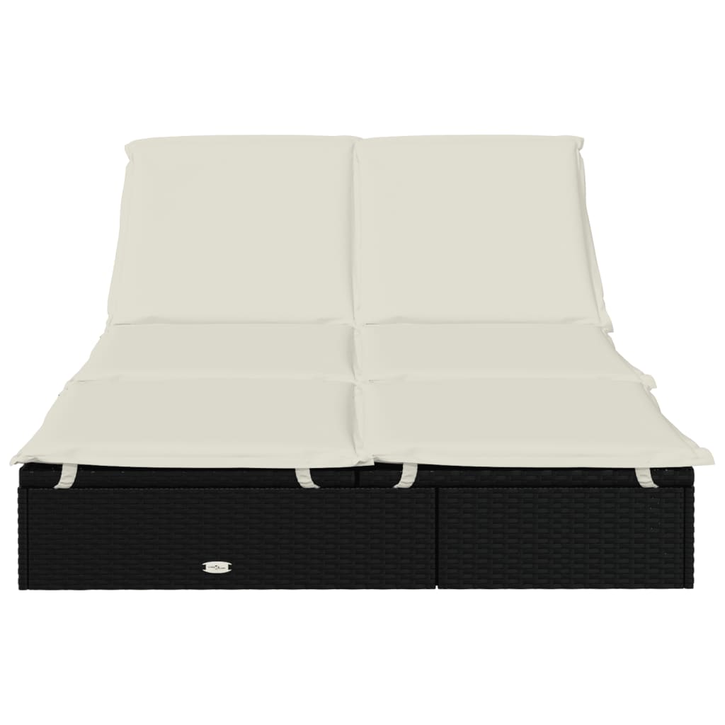 vidaXL Vrtna postelja za 2 osebi z blazinami črn poli ratan