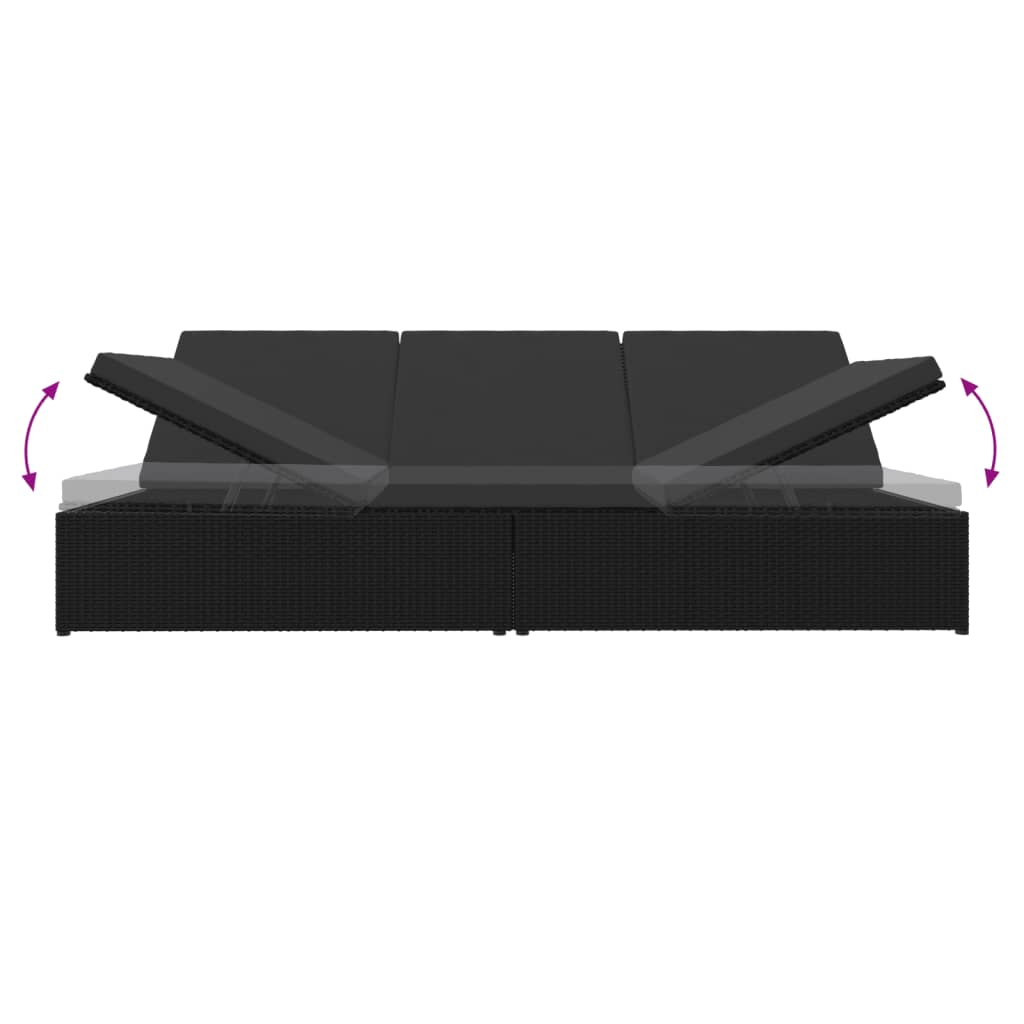 vidaXL Spremenljiv ležalnik z blazinami poli ratan črn