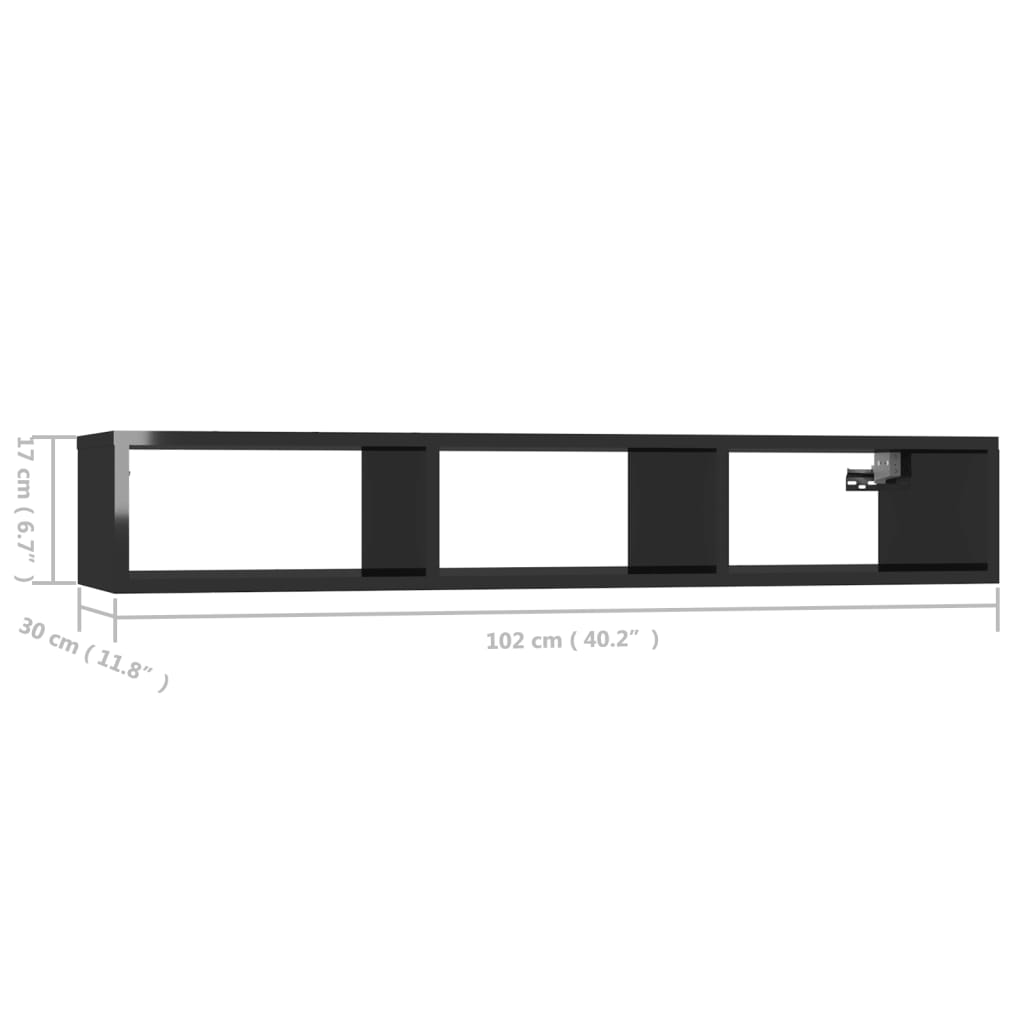 vidaXL Stenska polica visok sijaj črna 102x30x17 cm iverna plošča
