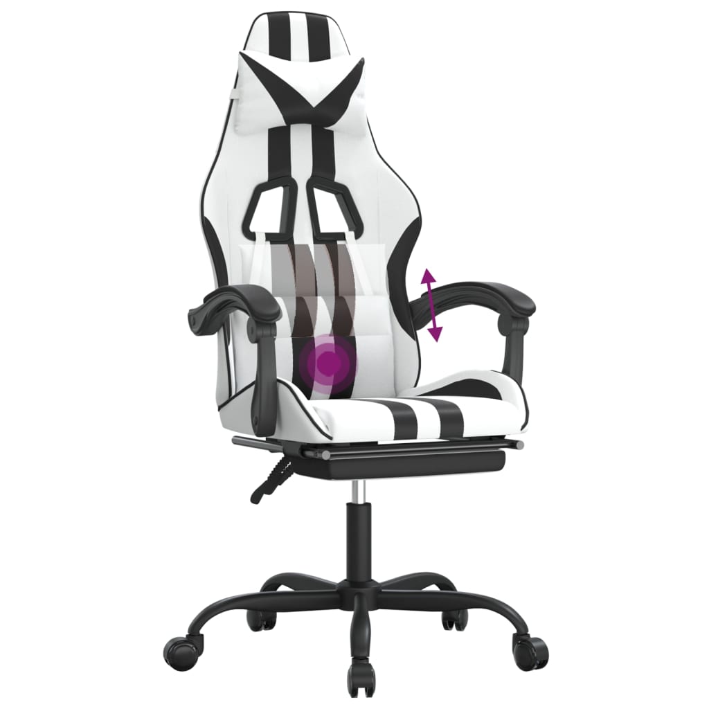 vidaXL Vrtljivi gaming stol z oporo za noge belo in črno umetno usnje