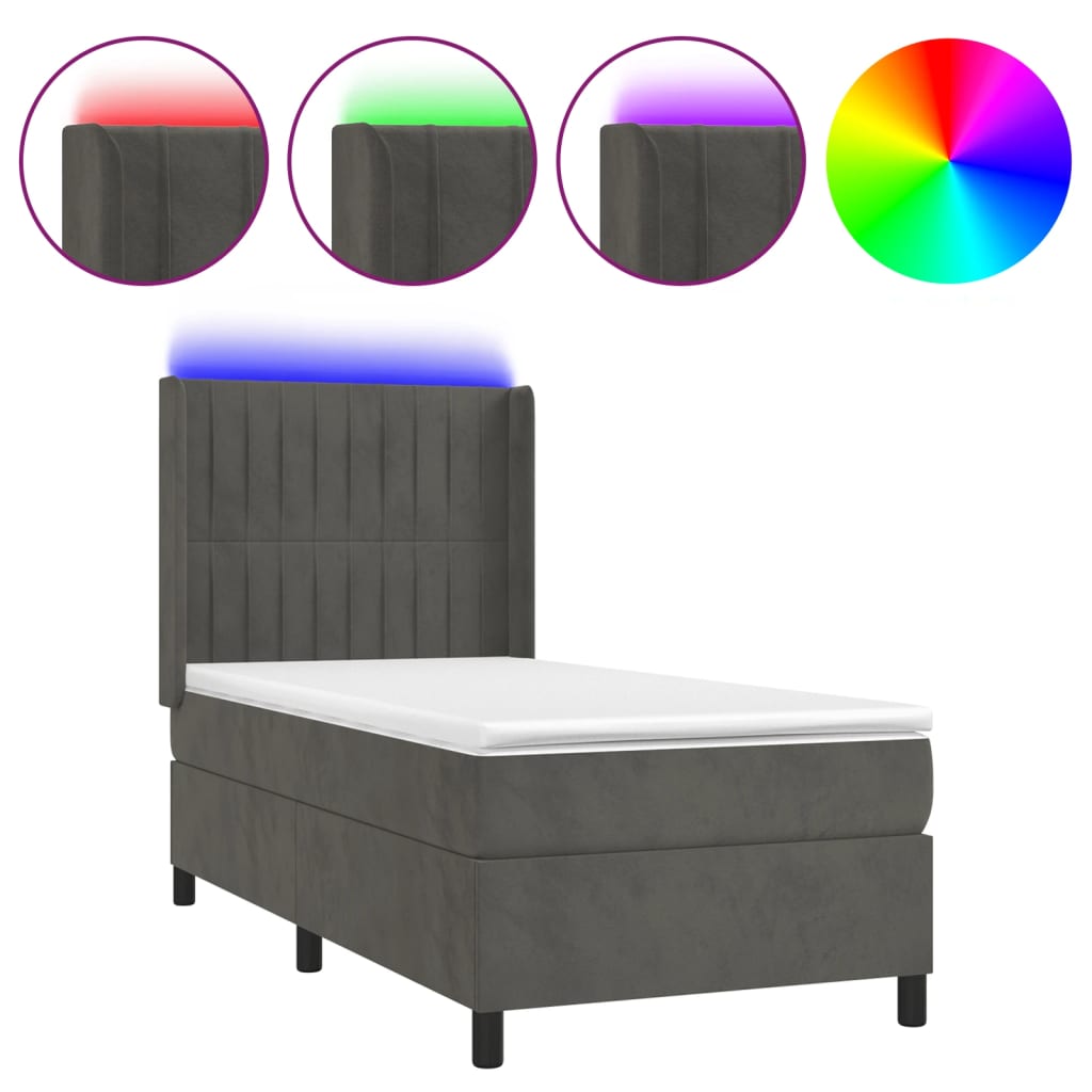 vidaXL Box spring postelja z vzmetnico LED temno siva 90x200 cm žamet